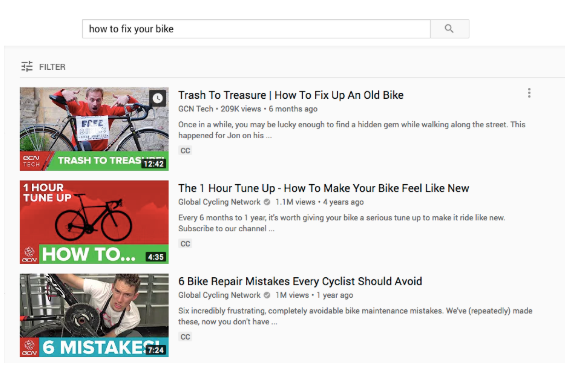 YouTube video descriptions for search term "how to fix a bike"