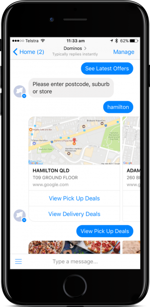 Dominos' Facebook Messenger bot