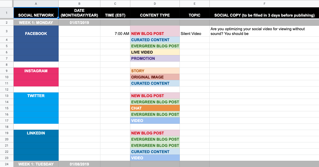 screenshot of the social media calendar template