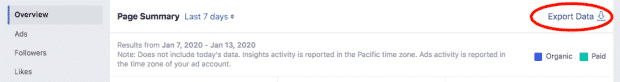 Screenshot showing button to "export data" in Facebook analytics