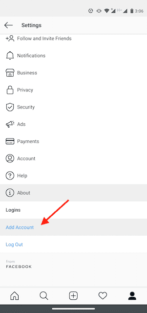 Add Account button on the Instagram app