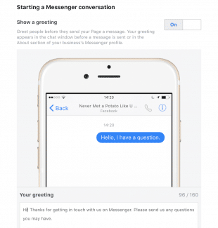 Message d'accueil de Facebook Messenger qui dit: 