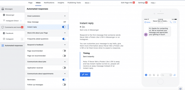 Facebook Messenger "Instant reply" turned on