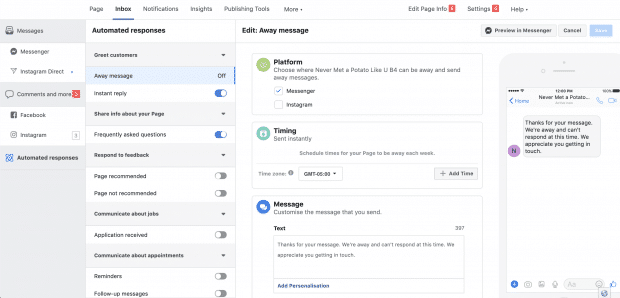 facebook messenger sms settings