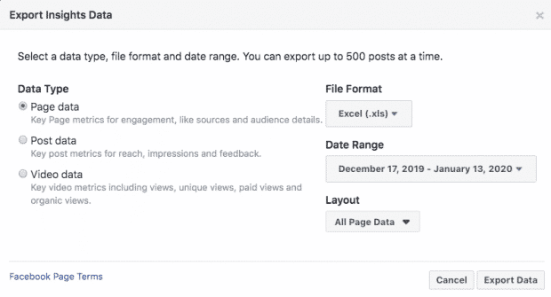 Screenshot showing process to export data from Facebook analytics