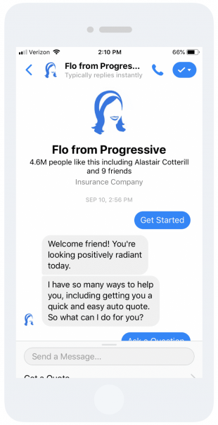 Message from "Flo from Progressive" in extremely positive tone