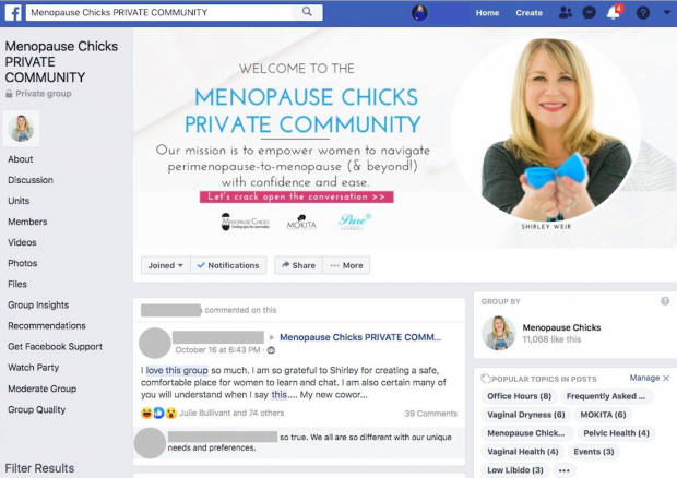 Image du groupe Facebook privé de Menopause Chicks