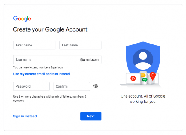 Page de création de compte Google