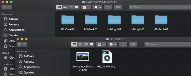 Preset files in Finder (5 blue folders)