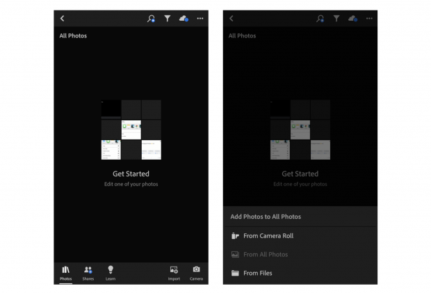 Lightroom app "Get Started" screen showing options to Add photos "From camera roll" or " From file"