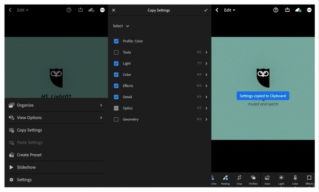 3 screens showing steps of copying settings from a selected Instagram preset within the Lightroom app