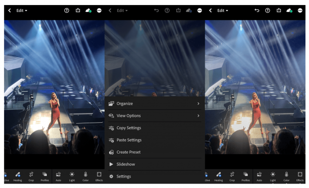 3 screens showing steps of applying the Instagram preset to a photo of Celine Dion