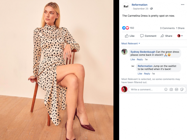 Publicité Facebook de Reformation mettant en vedette une femme blonde en robe à pois léopard. Copier lit 