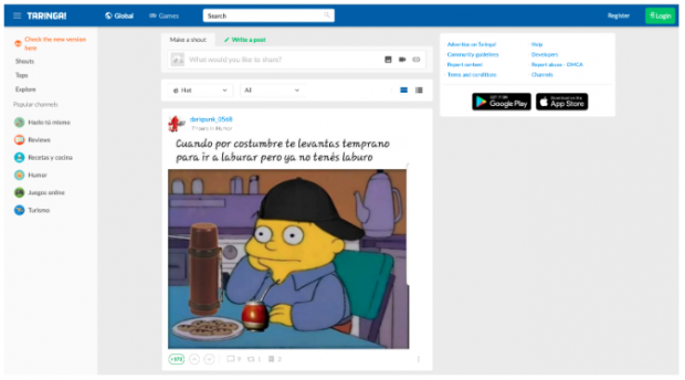 Homepage of Taringa! showing a Simpsons meme in Spanish