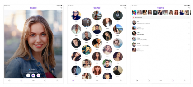 3 screens from the Badoo app. Screen 1: profile photo of pretty white blonde woman. Screen 2: multiple user profile pictures, a mix of women and men. Screen 3: stream of user profile pics along top with potential matches listed underneath