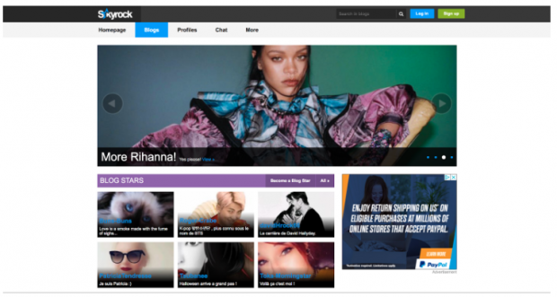 Page d'accueil de Skyrock, l'image sélectionnée est celle de Rhianna avec les images d'autres artistes dessous