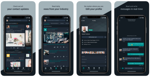 4 iphone screens showing various uses of Xing, including: updates from contacts, industry news updates, profile editing, messaging