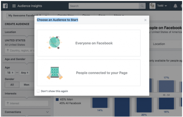 Options pour choisir un public dans le tableau de bord Facebook Audience Insights