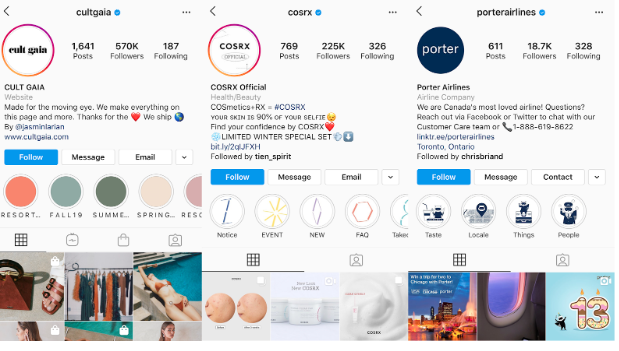 3 instagram profile pages: Cult Gala, Cosrx, Porter 