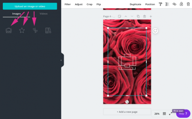 Canva dashboard: on the right is a Story highlight with roses background and suitcase icon, on the left is 3 more icons ready to go