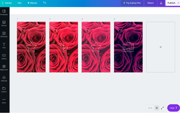 4 Instagram Story highlight covers in the Canva dashboard with varying shades of rose backgrounds