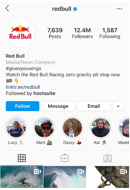 Redbull's Instagram profile with highlight covers