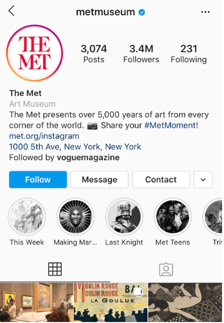 The Met's Instagram profile with Instagram highlight covers