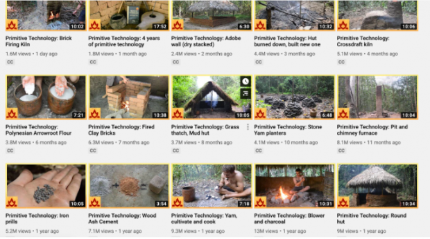 15 miniatures vidéo sur la page YouTube de Primitive Technology