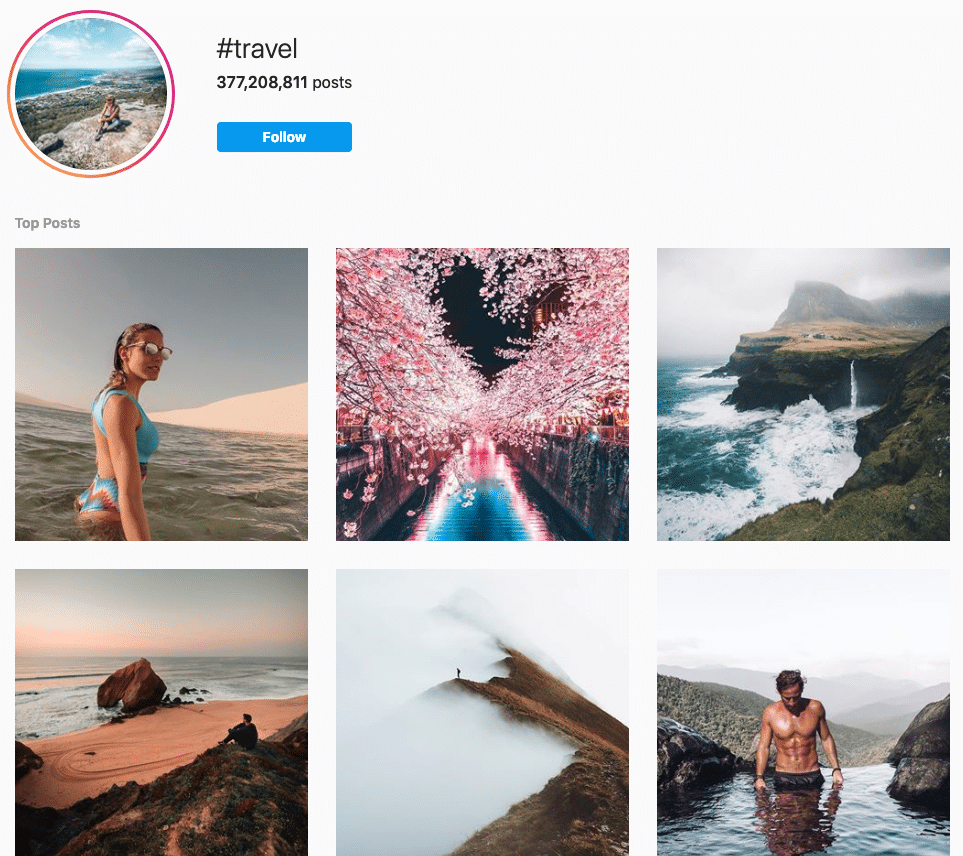 Travel hashtag page on Instagram with 377,000,000 posts