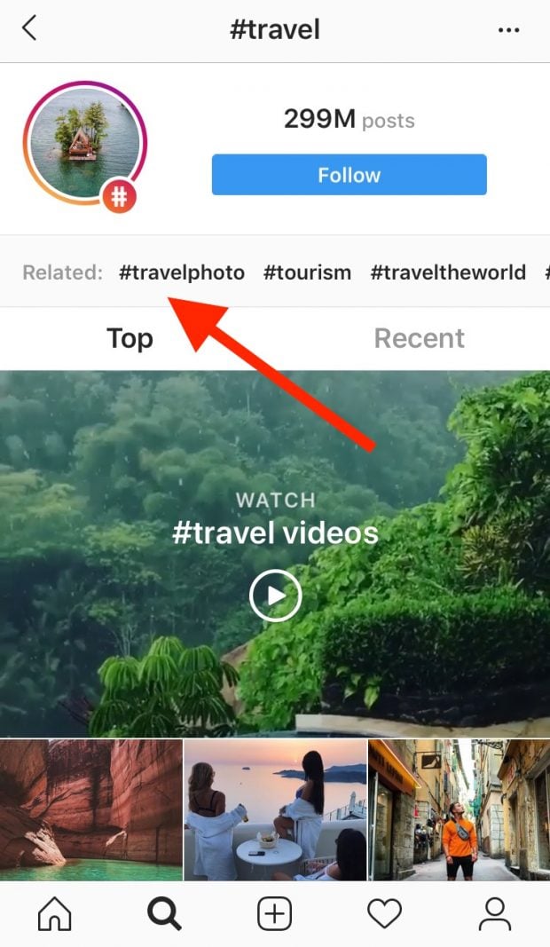 hashtag page for "travel" on Instagram, highlighting related hashtags