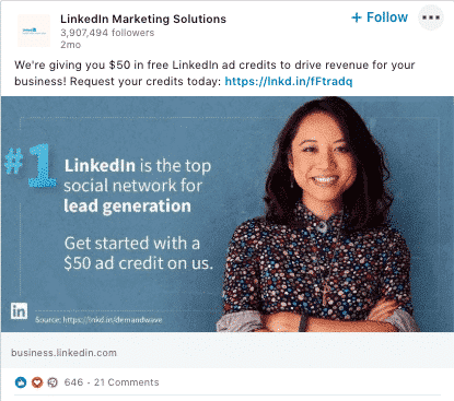 LinkedIn营销解决方案的帖子，关于LinkedIn是领先一代的顶级平台