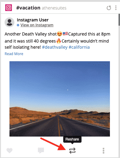 "Reshare" button on Instagram post within Hootsuite