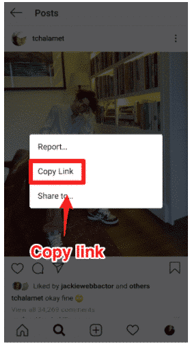 Copier le bouton de lien sous le post sur l'application Instagram