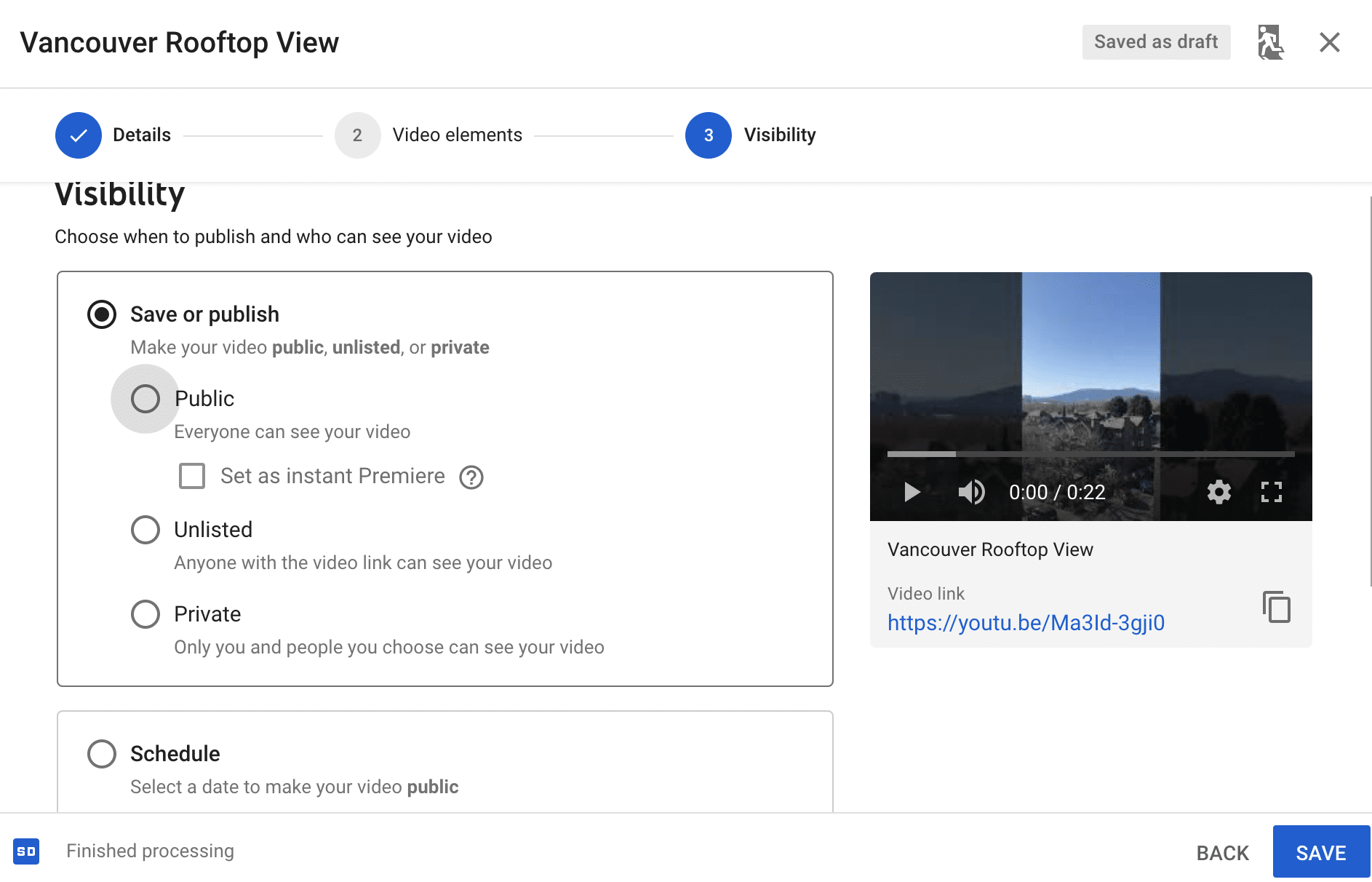 Visibility tab for uploading a YouTube video with "Schedule" option