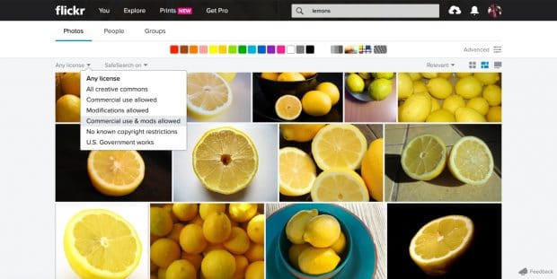 Flickr image search with "commercial use & mods allowed" filter 