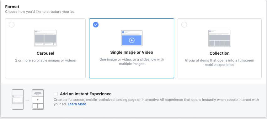 formatting options for Instagram advertising, including Carousel, Single Image or Video, Collection, and "Add an Instant Experience"