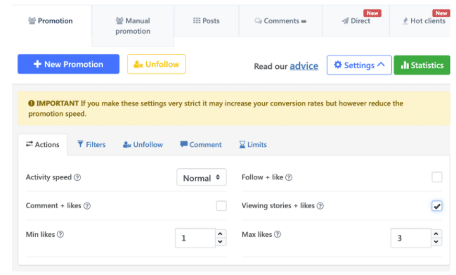 Instarocket automation dashboard set to strict limits