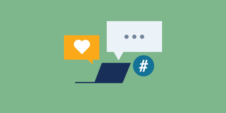 Illustration surround by Instagram icons for likes, comment, and hashtags
