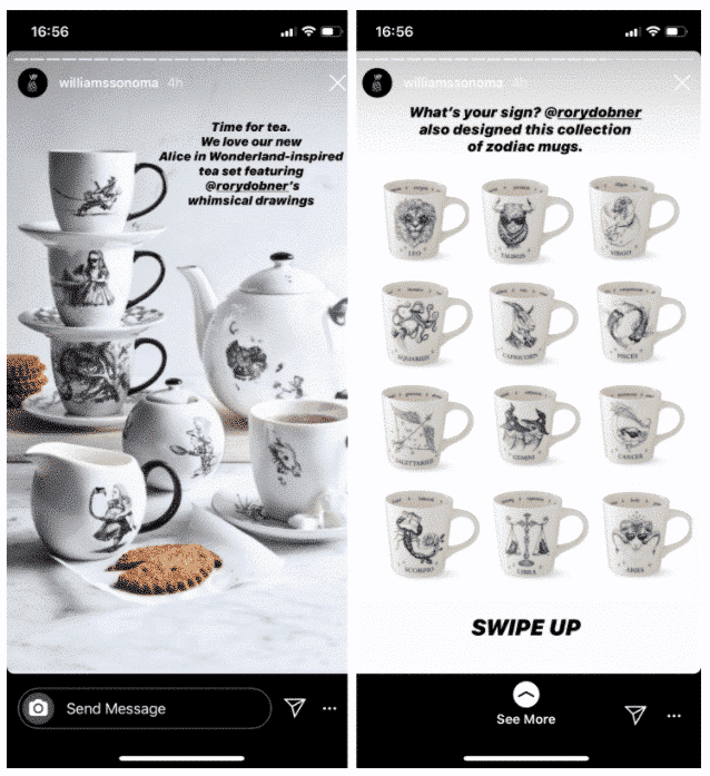 2 Instagram stories from Williams Sonoma featuring stacked teacups