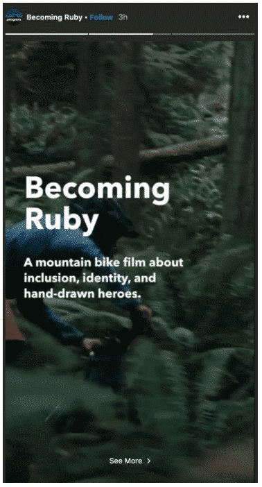 Patagonia Instagram Story with title: Becoming Ruby: a mountain bike film about inclusion, identity, and hand-drawn heroes