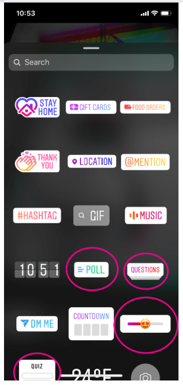 stickers menu highlights polls, questions, and quizzes