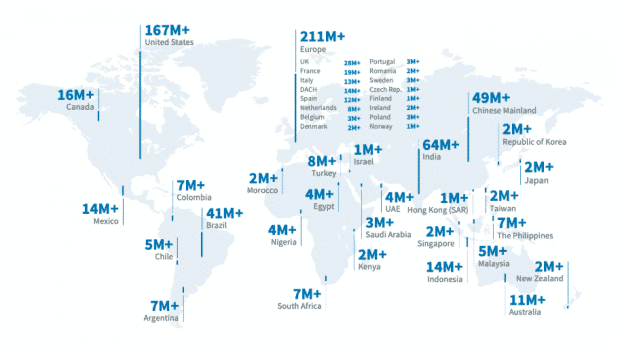 carte du monde avec les utilisateurs de LinkedIn dessus