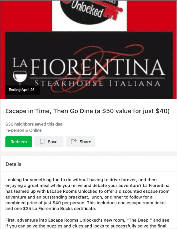 Annonce de l'offre locale du restaurant La Fiorentina