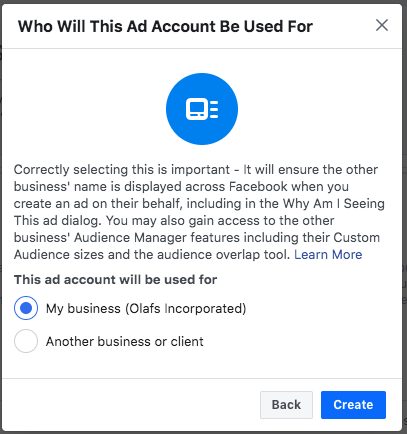 Option to choose who the ad account will be used for