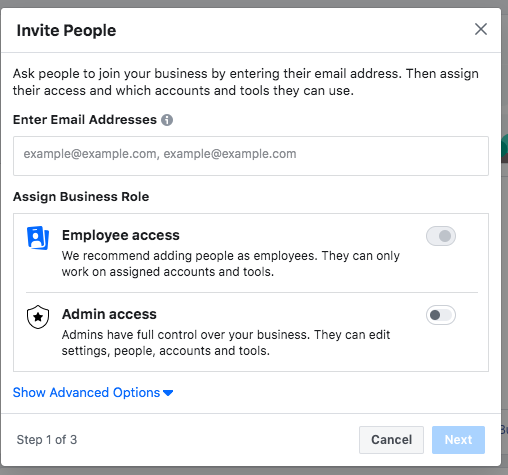 Choose admin access permissions for Facebook Business Manager