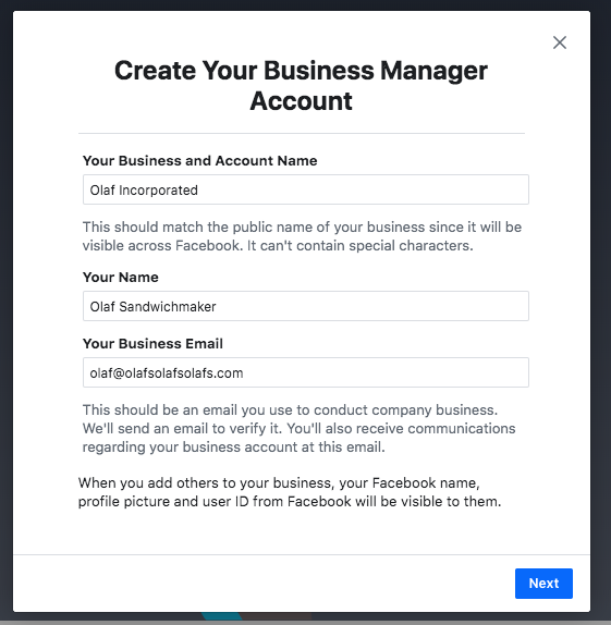 Janela para criar sua conta do Facebook Business Manager