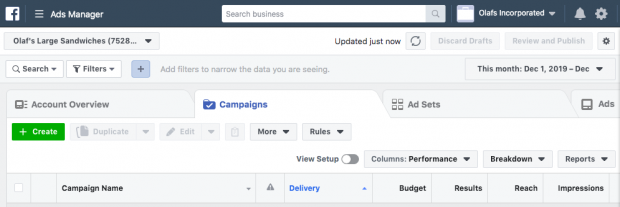 Écran pour créer une annonce dans Facebook Business Manager