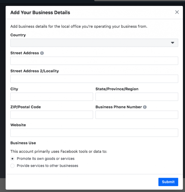 Bidang formulir untuk menambahkan detail bisnis di Facebook