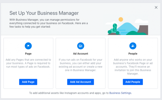 Opsi untuk menambahkan halaman saat menyiapkan Facebook Business Manager.