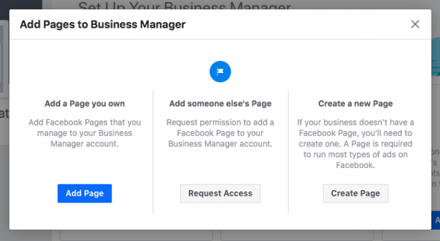 Botão Adicionar página na configuração do Business Manager